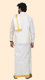 Pure Silk Cream Dhoti with Angavastram | Double Layer | 1 1/2" Gold Jari Border