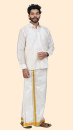 Pure Silk Cream Dhoti | Double Layer | 1 1/2" Gold Jari Border