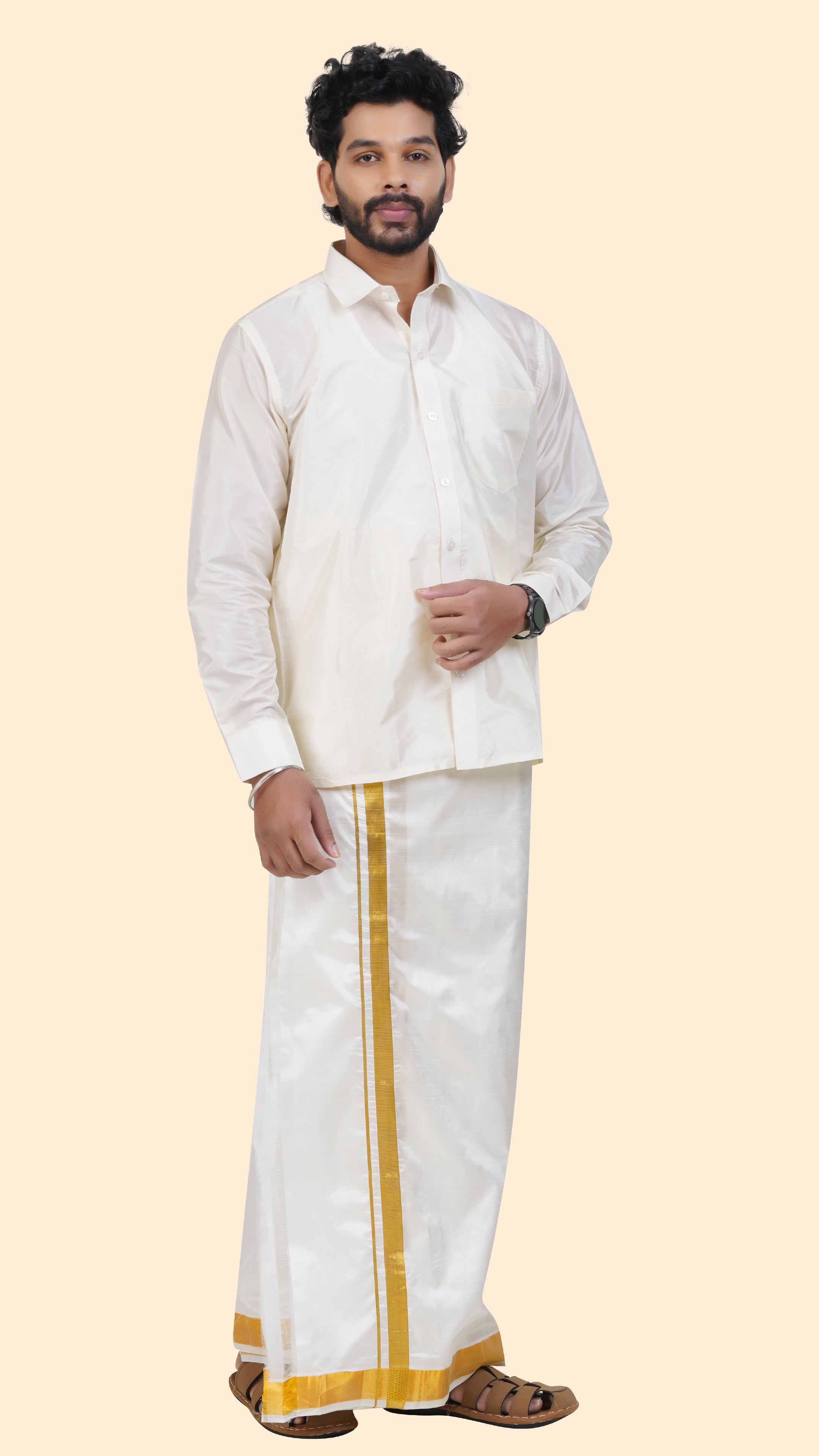 Pure Silk Cream Dhoti | Double Layer | 1 1/2" Gold Jari Border