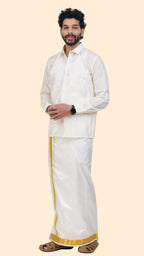 Pure Silk Cream Dhoti | Double Layer | 1 1/2" Gold Jari Border