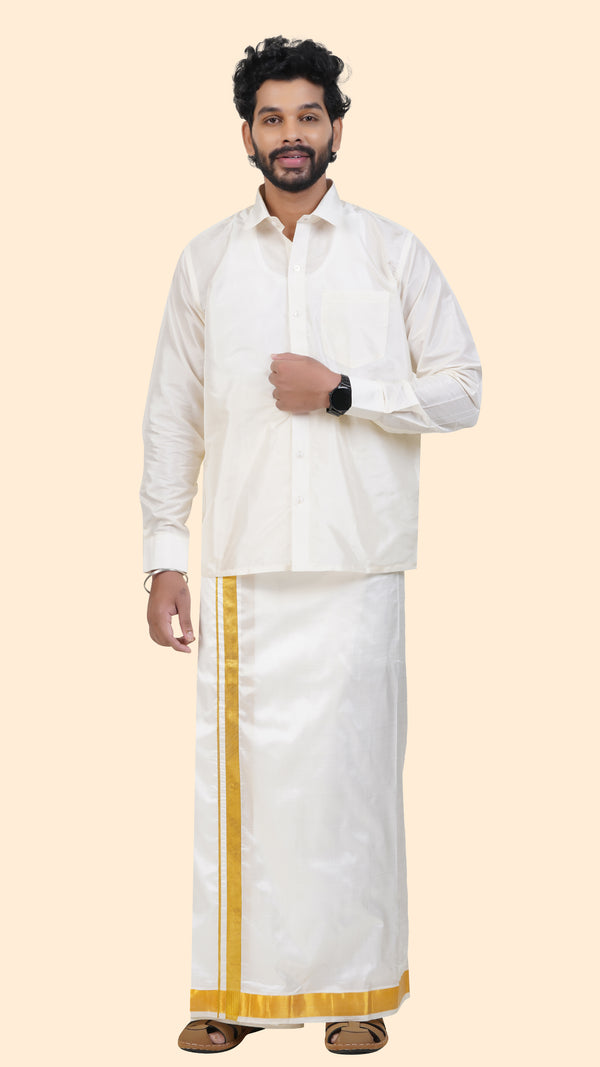 Pure Silk Cream Velcro Dhoti | Double Layer | 1 1/2" Gold Jari Border