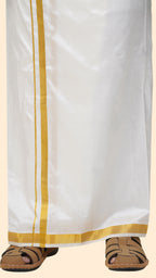 Pure Silk Cream Dhoti | Double Layer | 1" Gold Jari Border
