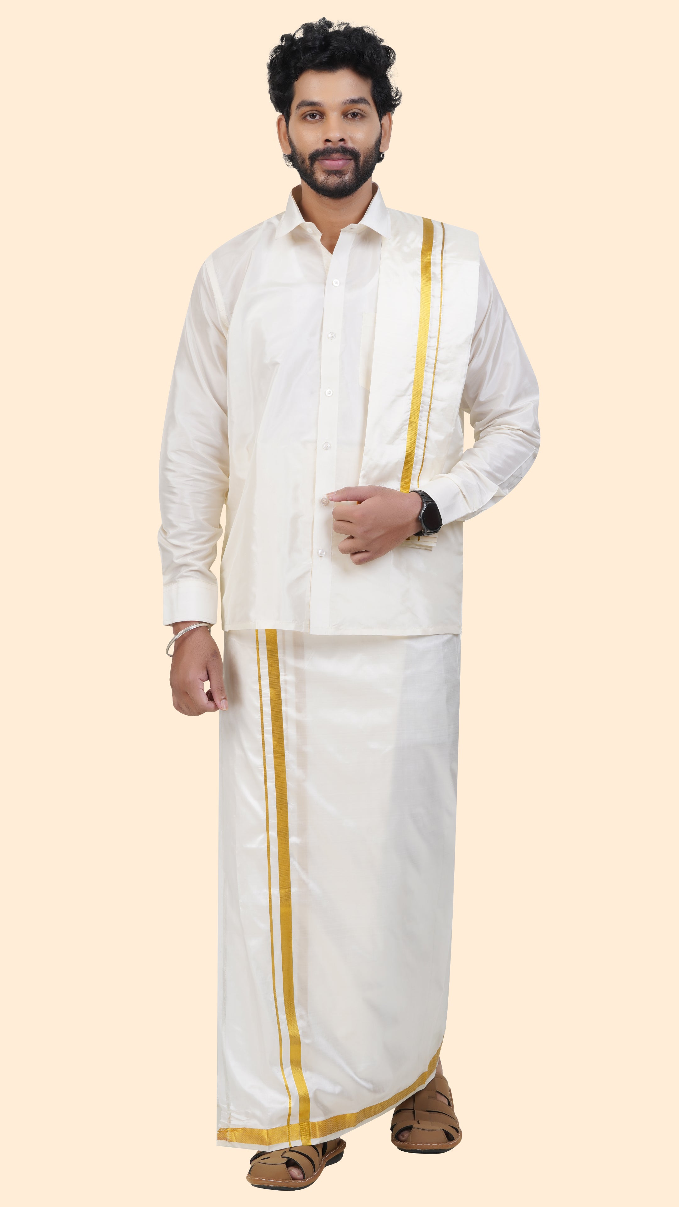 Pure Silk Cream Dhoti with Angavastram | Double Layer | 1" Gold Jari Border