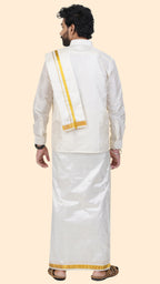 Pure Silk Cream Dhoti with Angavastram | Double Layer | 1" Gold Jari Border