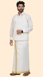 Pure Silk Cream Dhoti | Double Layer | 1" Gold Jari Border