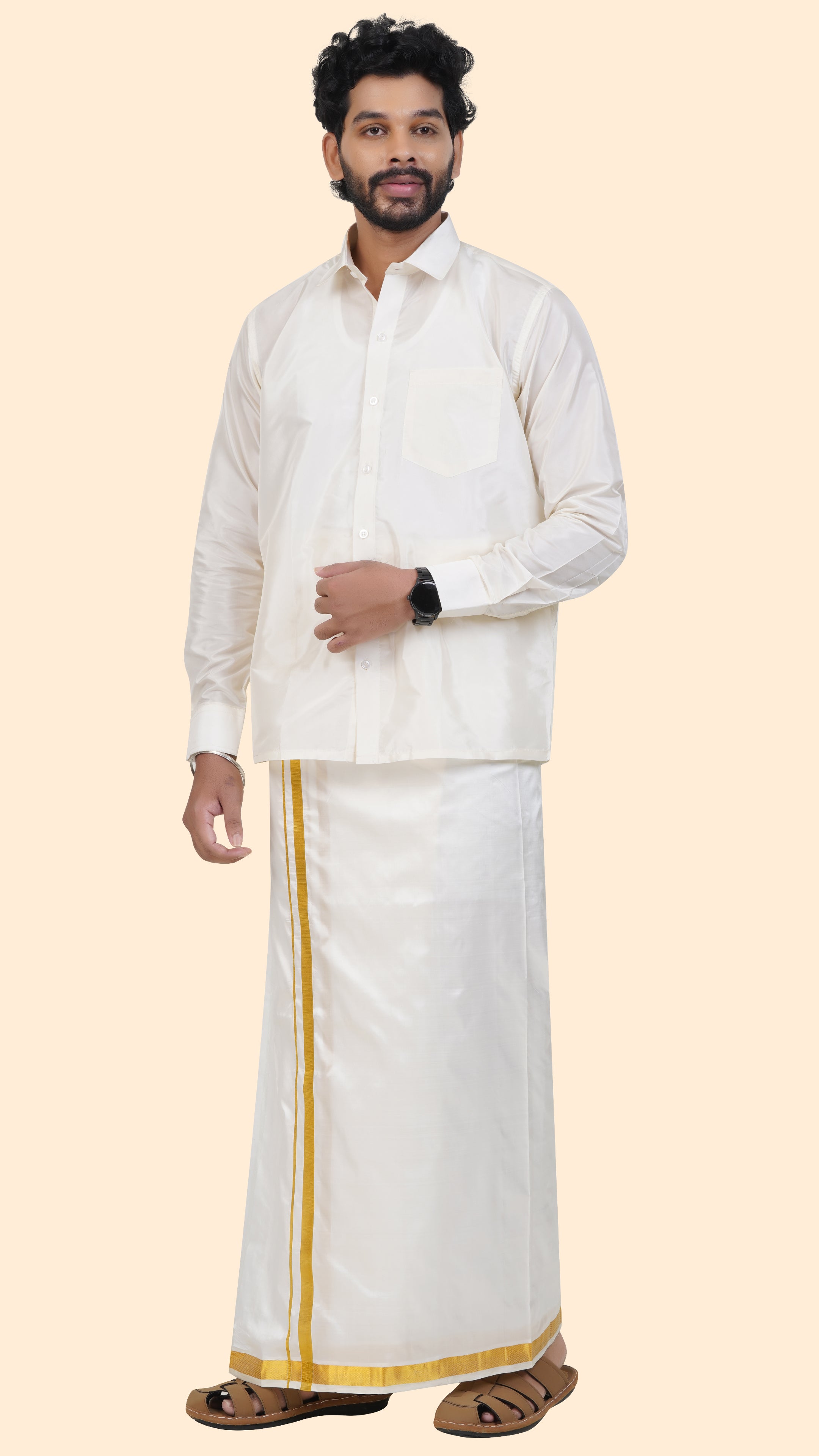 Pure Silk Cream Dhoti | Double Layer | 1" Gold Jari Border