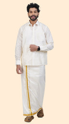 Pure Silk Cream Dhoti | Double Layer | 1" Gold Jari Border