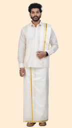 Pure Silk Cream Dhoti with Angavastram | Double Layer | 1/2" Gold Jari Border