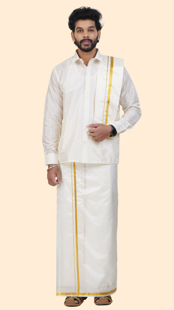 Pure Silk Cream Dhoti with Angavastram | Double Layer | 1/2" Gold Jari Border