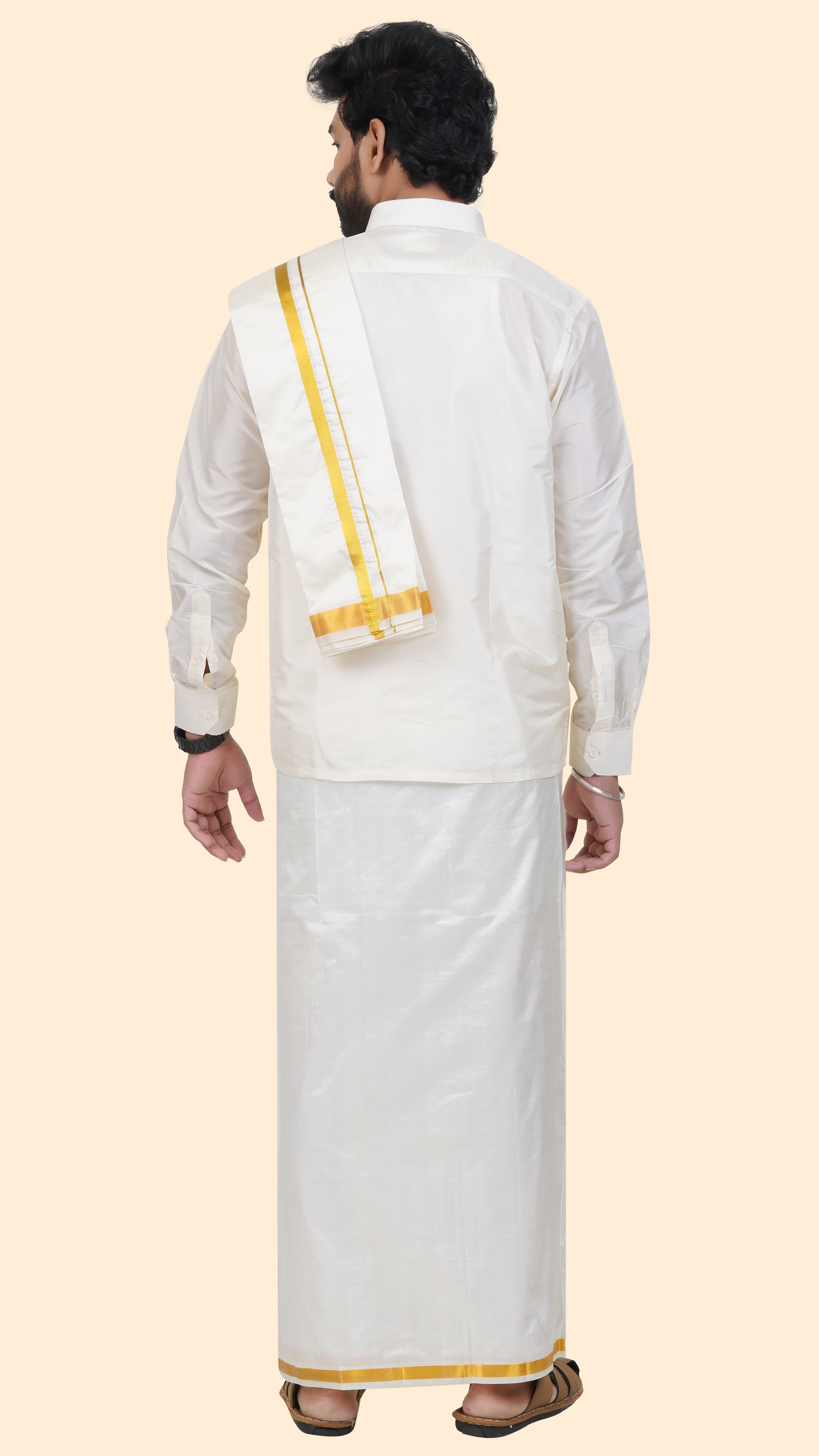Pure Silk Cream Dhoti with Angavastram | Double Layer | 1/2" Gold Jari Border