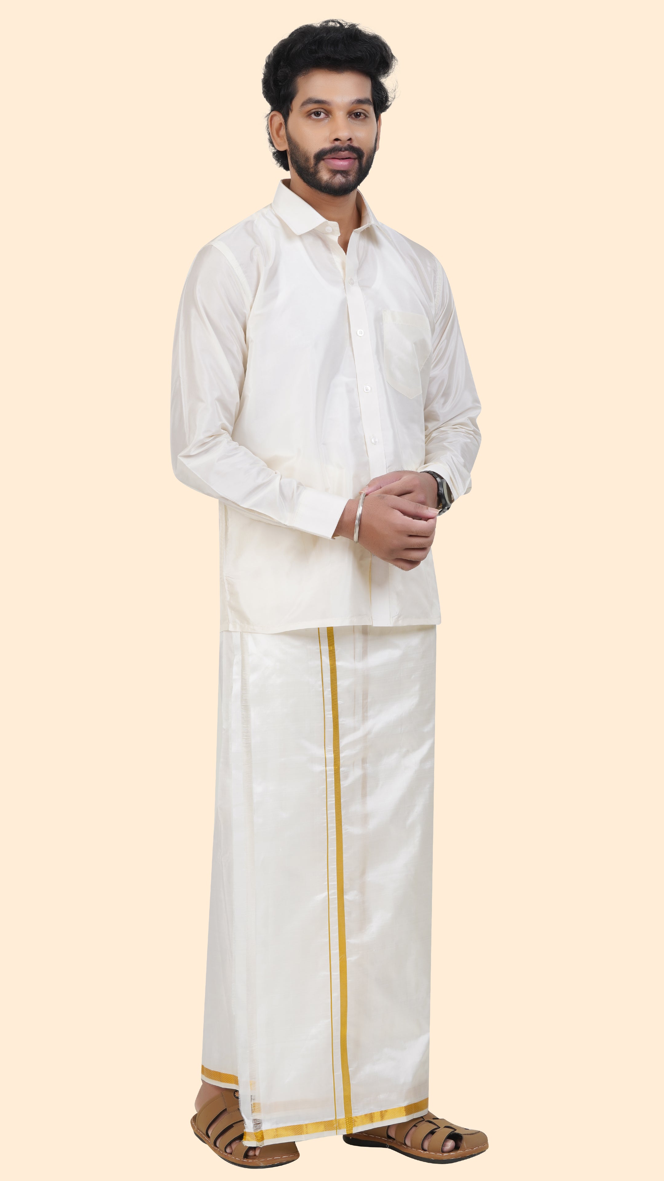 Pure Silk Cream Dhoti | Double Layer | 1/2" Gold Jari Border