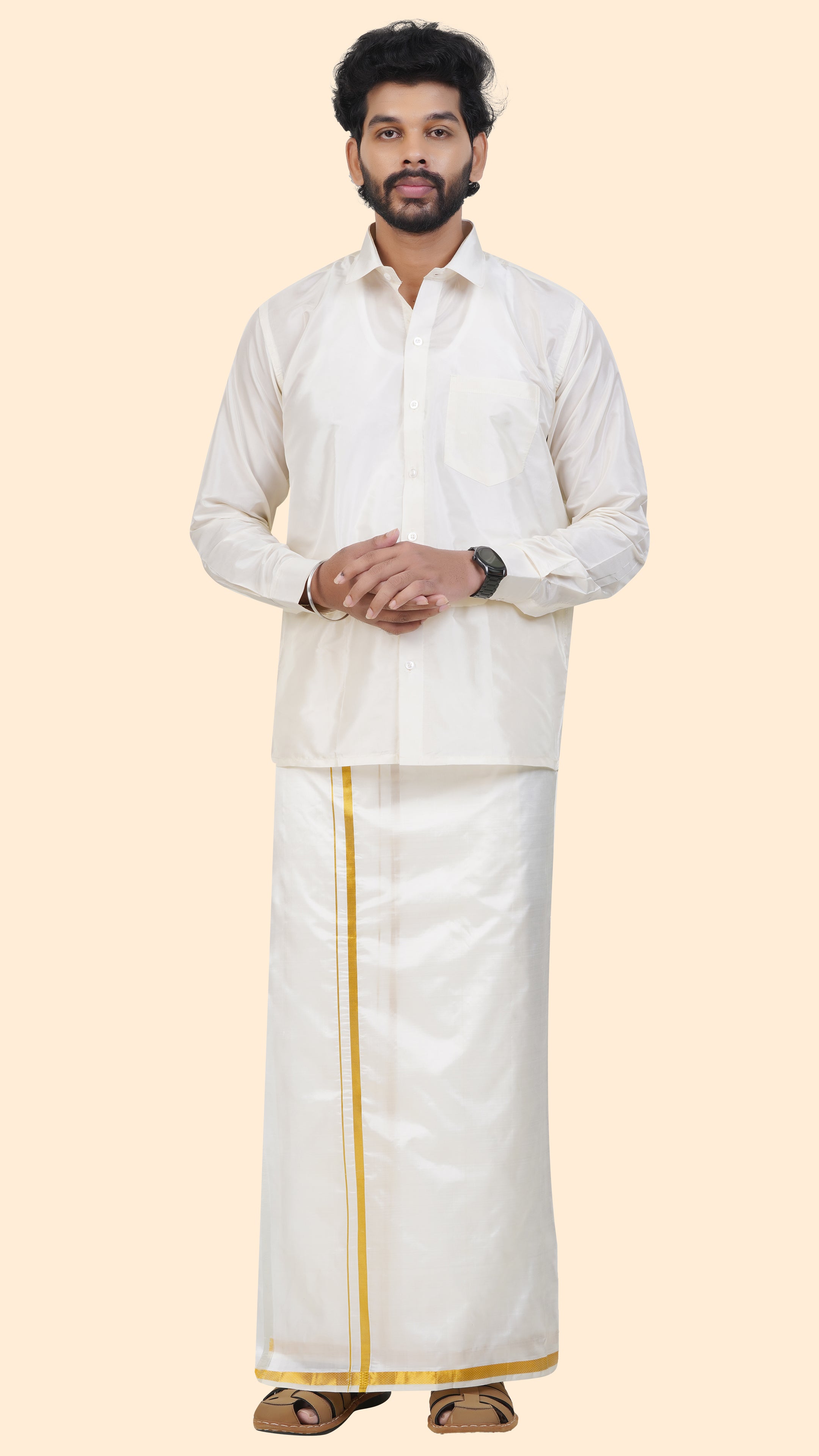 Pure Silk Cream Dhoti | Double Layer | 1/2" Gold Jari Border