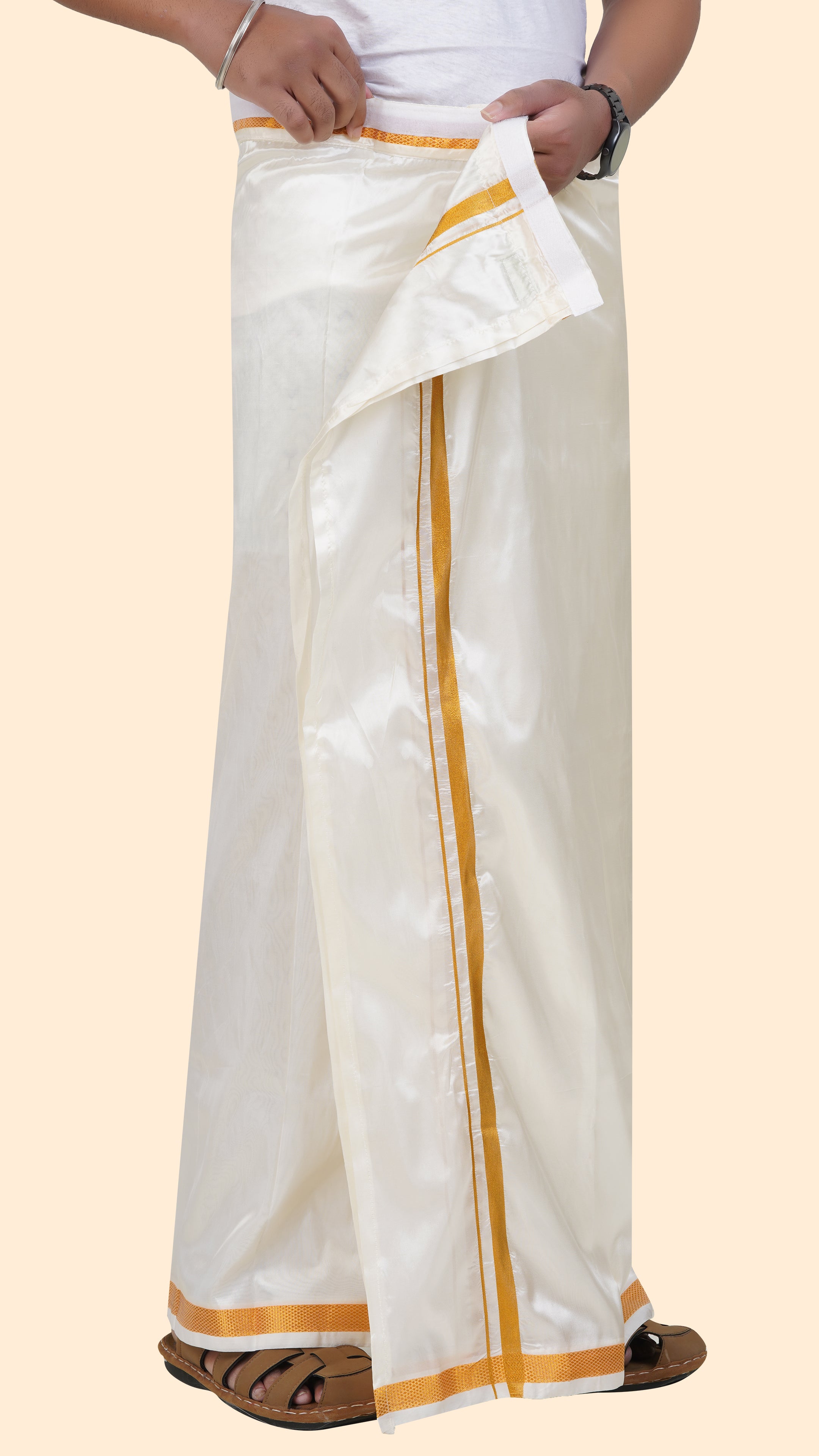 Art Silk Cream Velcro Dhoti | Double Layer | 1" Gold Jari Border