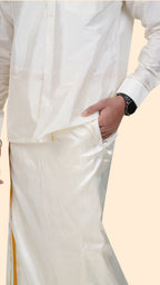 Art Silk Cream Velcro Dhoti | Double Layer | 1" Gold Jari Border