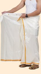 Art Silk Cream Velcro Dhoti | Double Layer | 1" Gold Jari Border