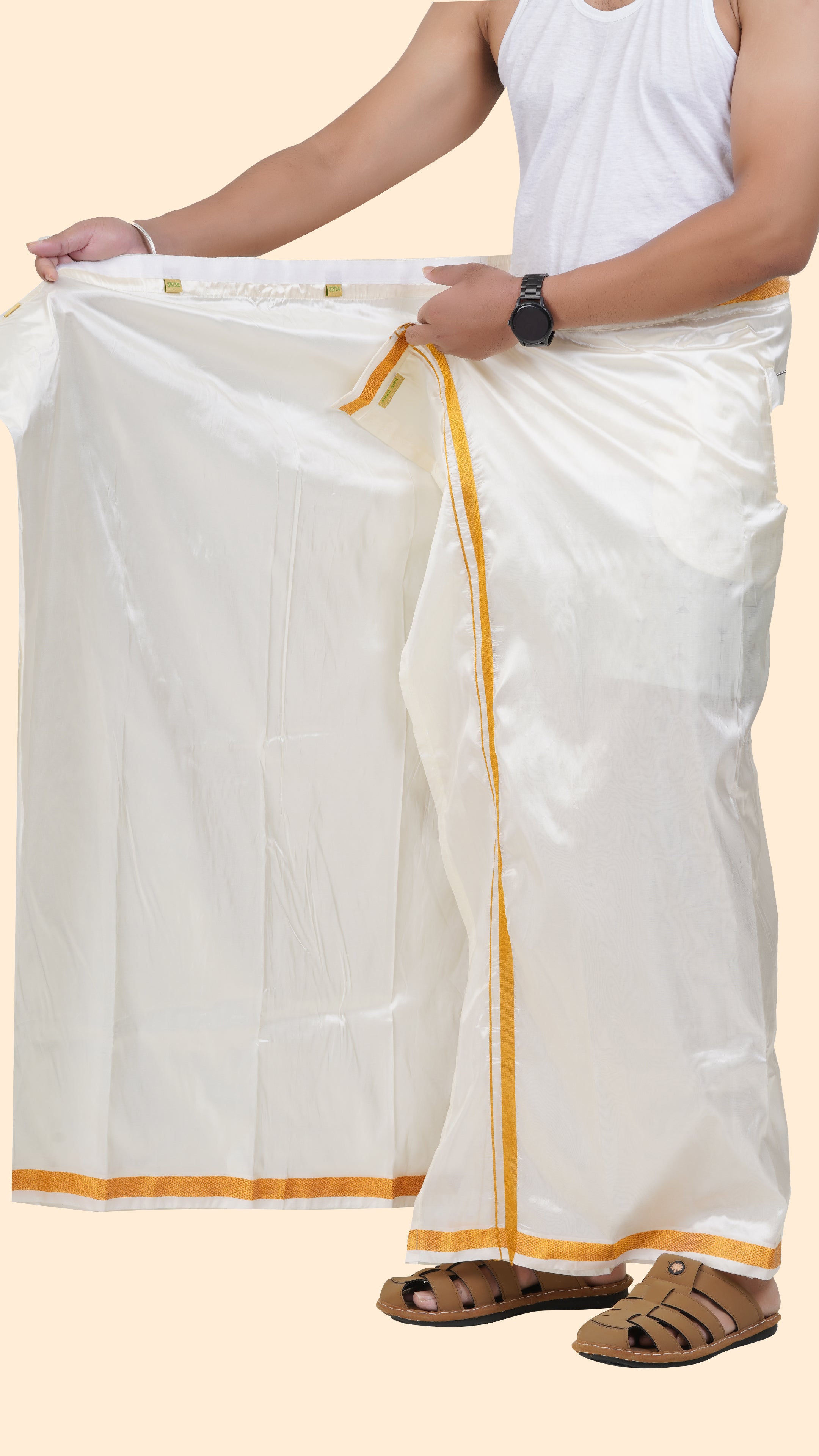 Art Silk Cream Velcro Dhoti | Double Layer | 1" Gold Jari Border