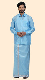 Art Silk Sky Blue Velcro Mappillai Set | 3-in-1 | Double Layer | 1 1/2" Gold Jari Border