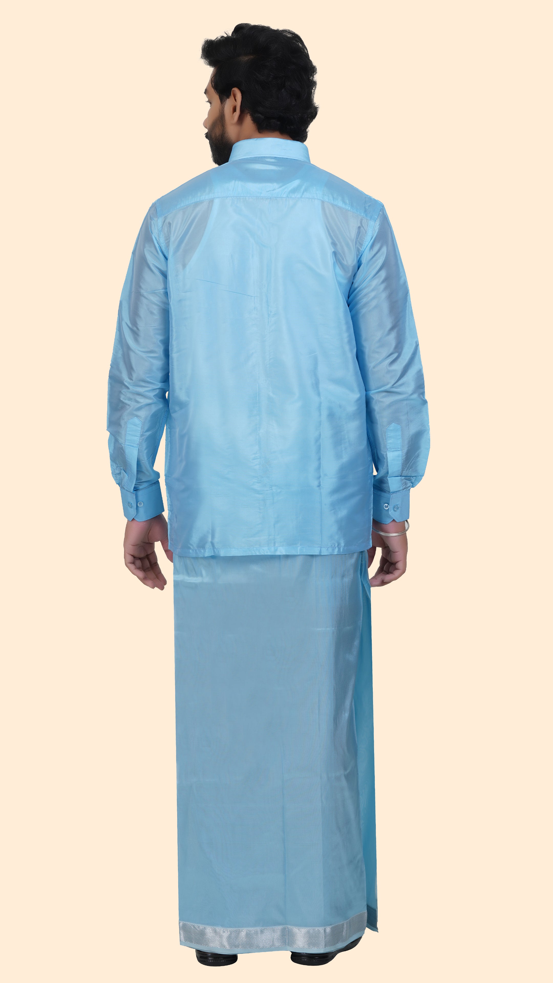 Art Silk Sky Blue Velcro Mappillai Set | 3-in-1 | Double Layer | 1 1/2" Gold Jari Border