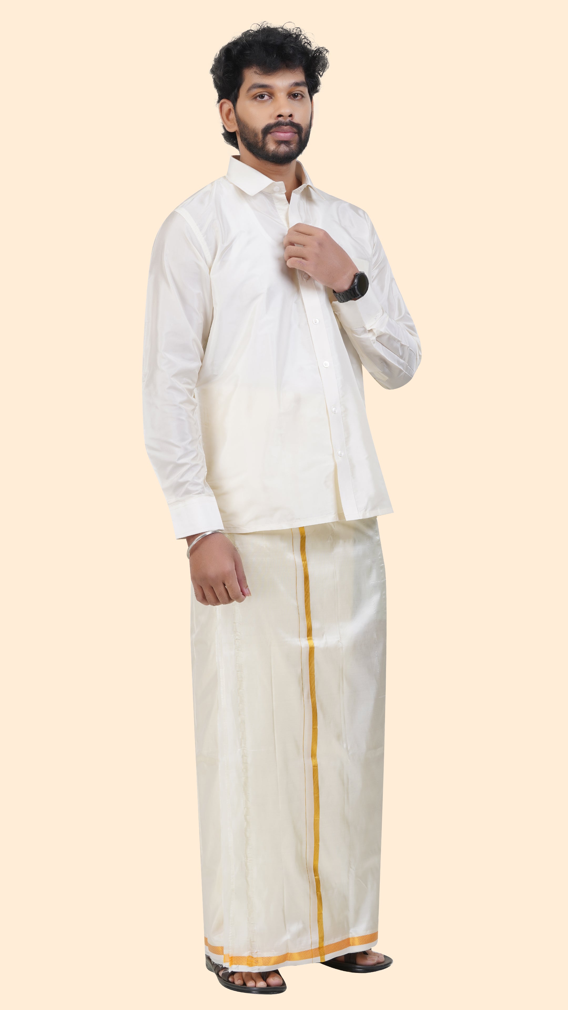 Art Silk Cream Dhoti – Double Layer | 1/2" Gold Jari Border