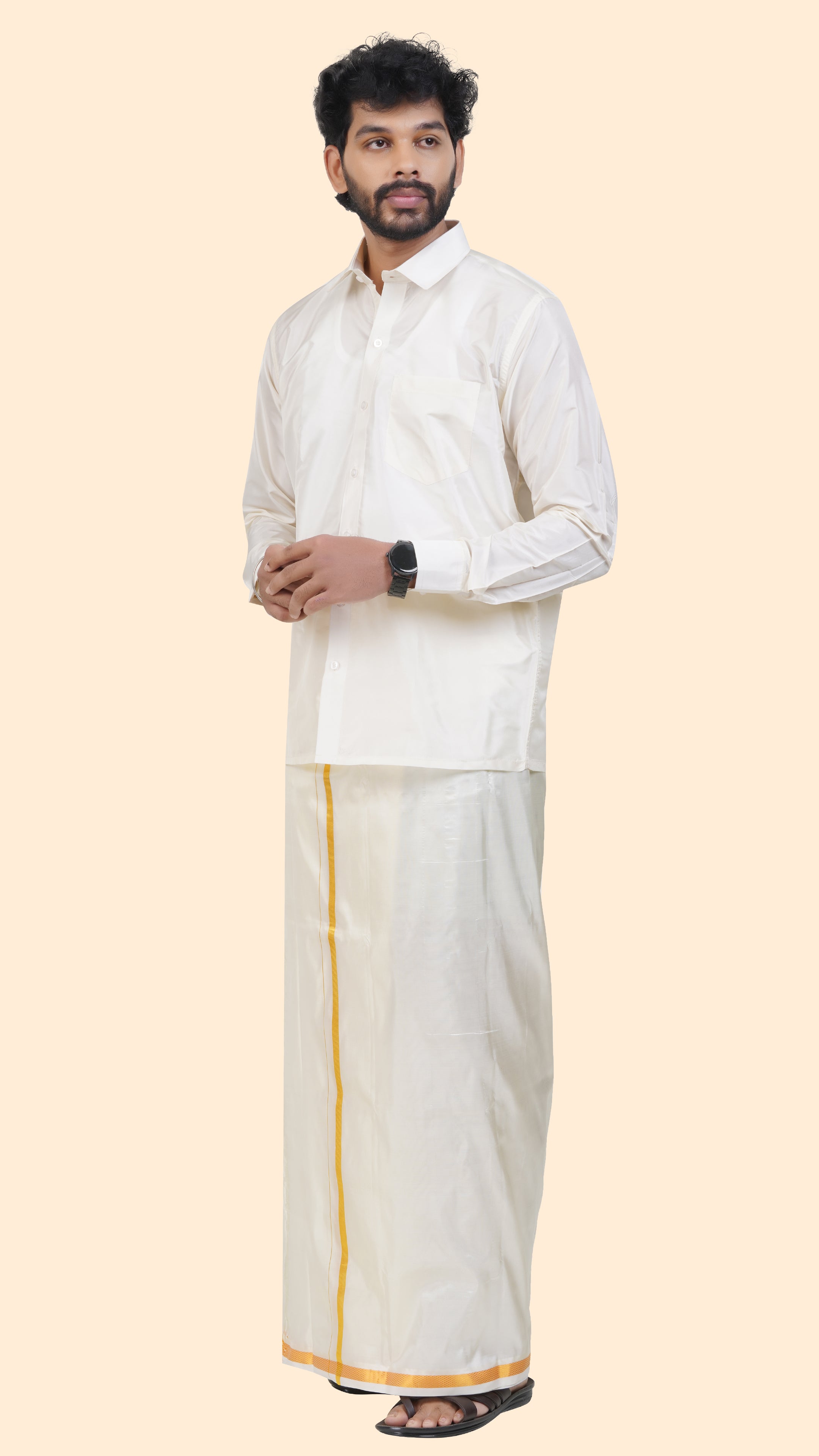 Art Silk Cream Dhoti – Double Layer | 1/2" Gold Jari Border