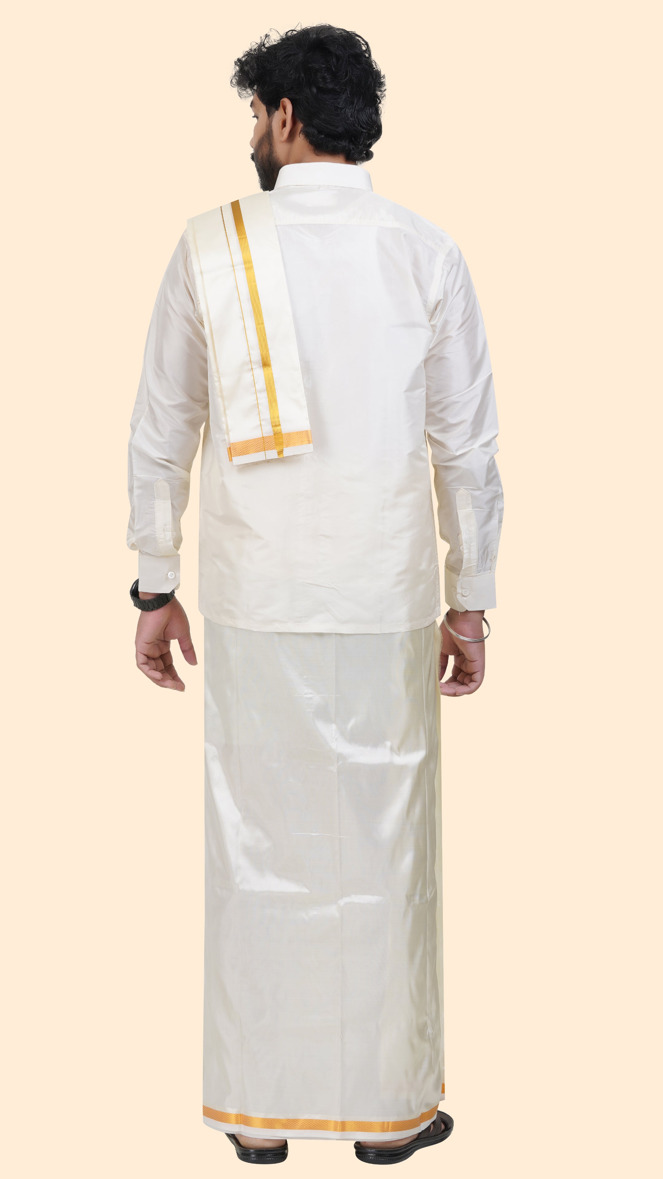 Art Silk Cream Dhoti – Double Layer | 1/2" Gold Jari Border
