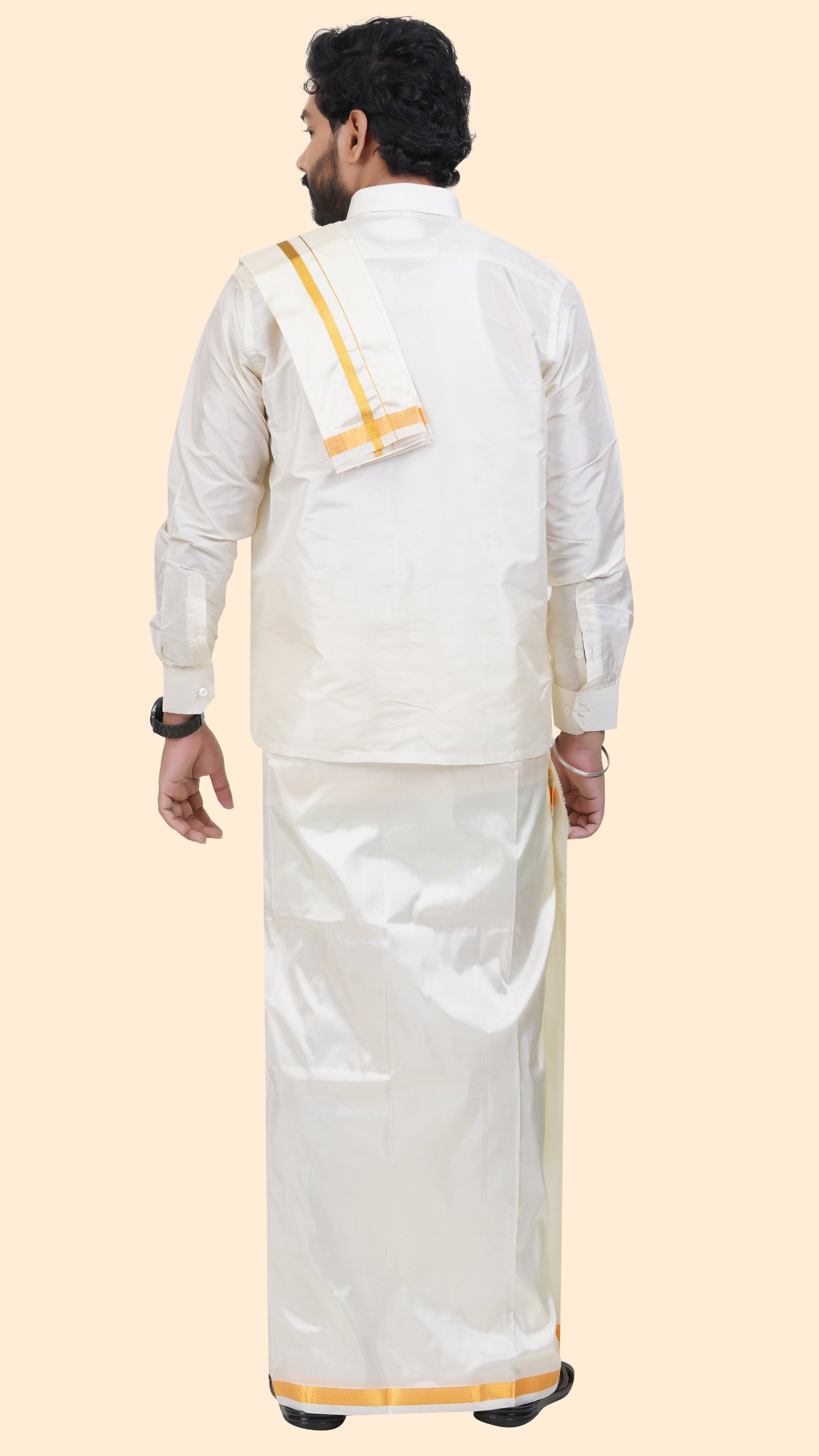 Art Silk Cream Velcro Mappillai Set | 3-in-1 | Double Layer | 1" Gold Jari Border