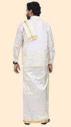 Art Silk Cream Dhoti with Angavastram | Double Layer | 1" Gold Jari Border
