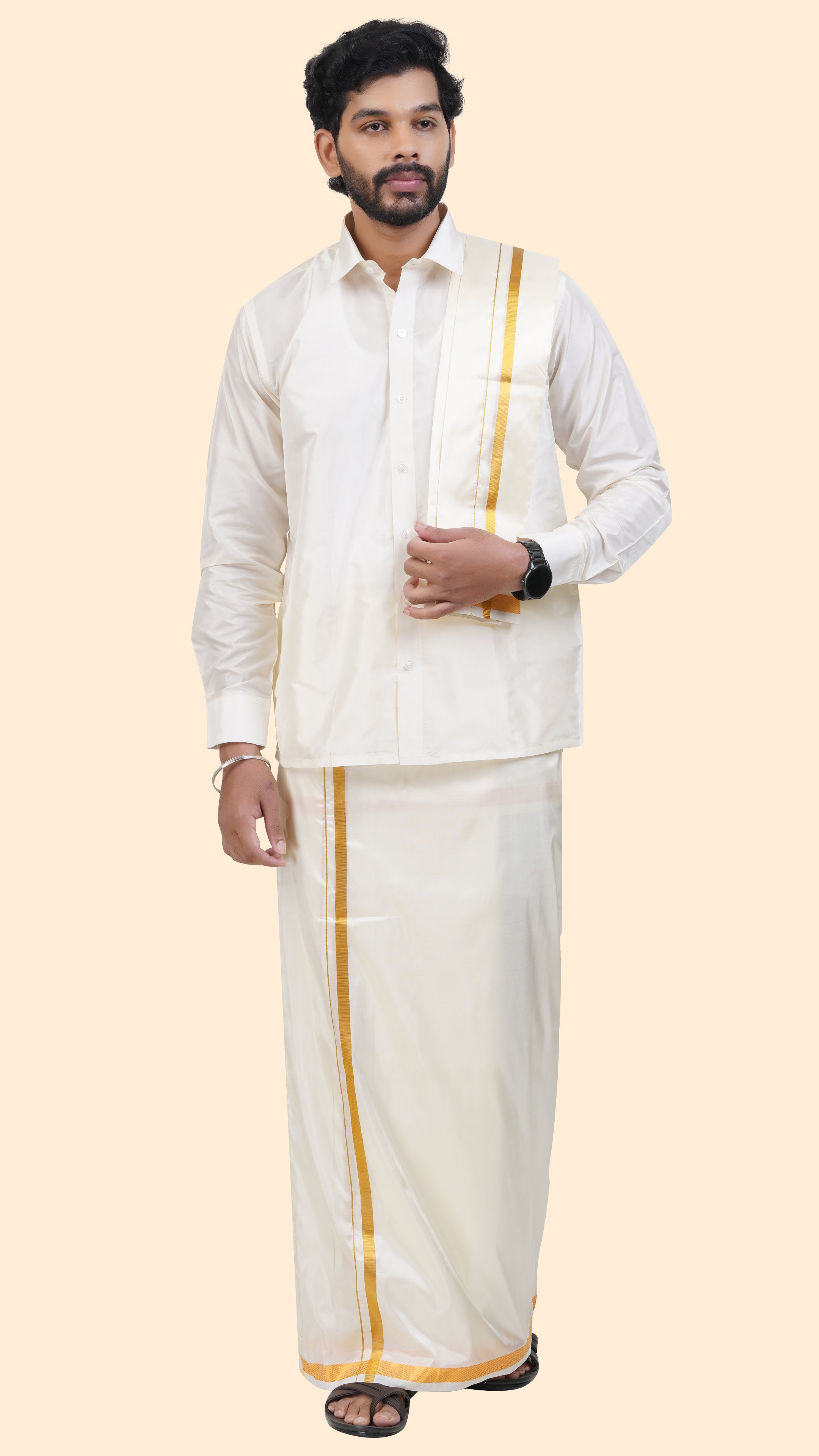 Art Silk Cream Dhoti with Angavastram | Double Layer | 1" Gold Jari Border