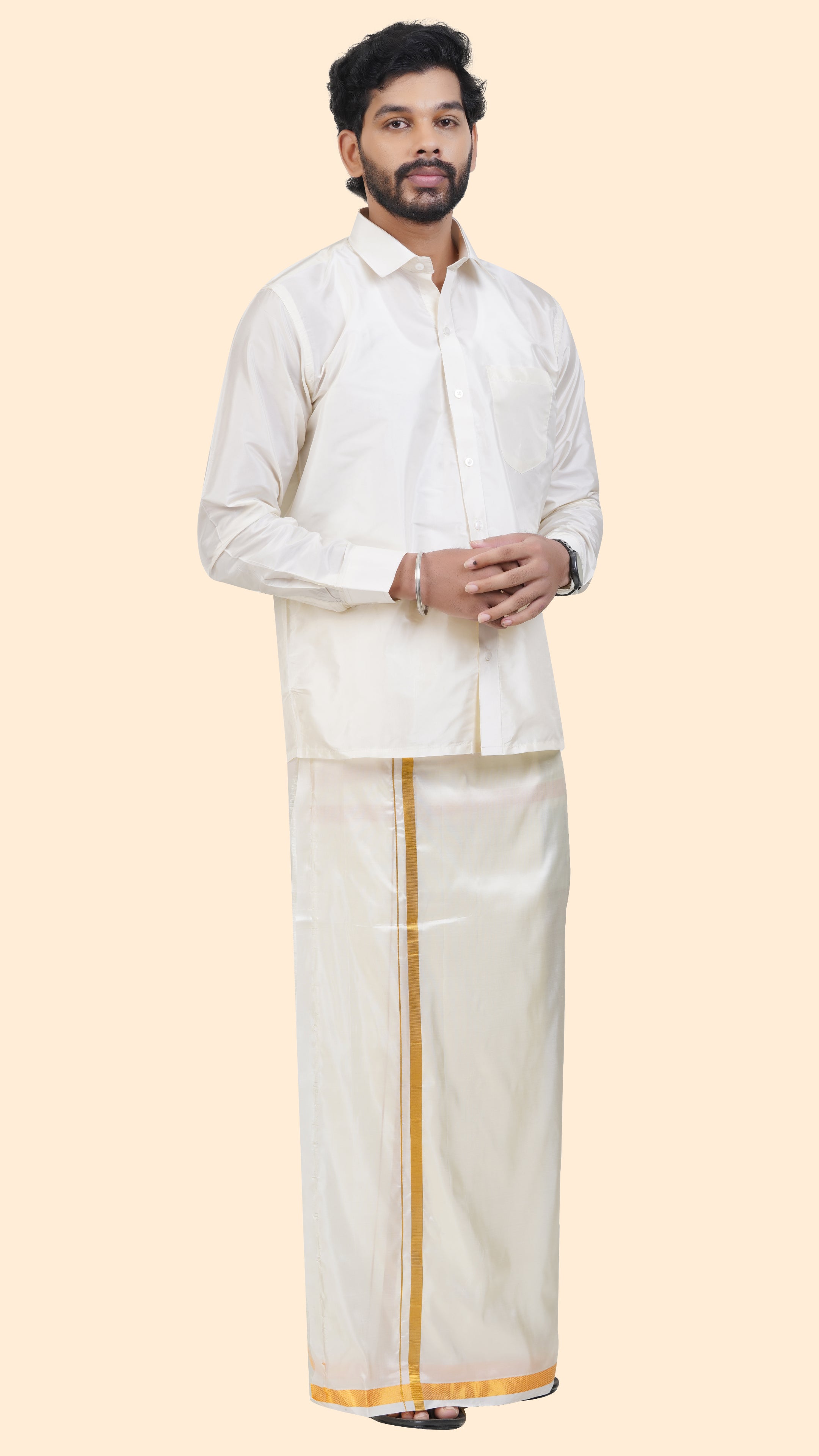 Art Silk Cream Velcro Mappillai Set | 3-in-1 | Double Layer | 1" Gold Jari Border