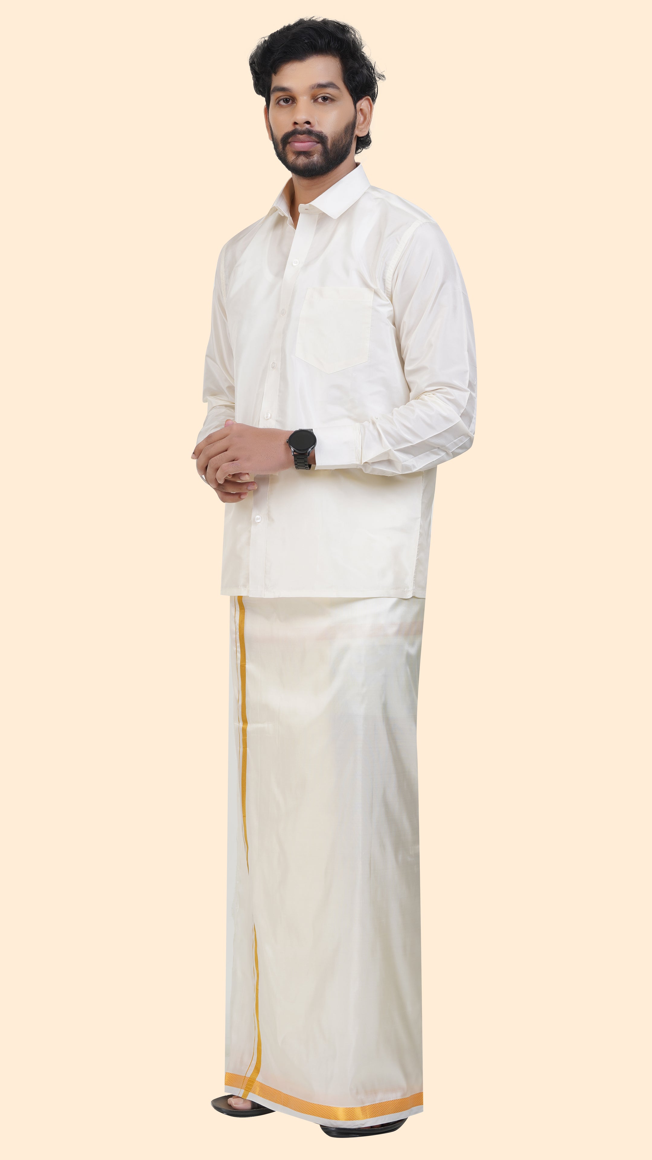 Art Silk Cream Velcro Mappillai Set | 3-in-1 | Double Layer | 1" Gold Jari Border