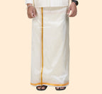Art Silk Cream Dhoti with Angavastram | Double Layer | 1" Gold Jari Border