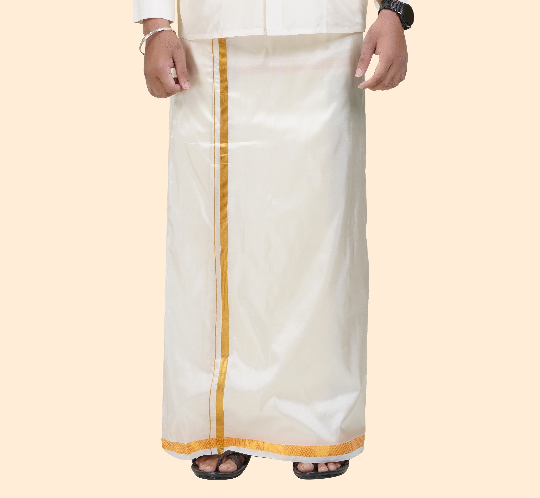 Art Silk Cream Dhoti with Angavastram | Double Layer | 1" Gold Jari Border