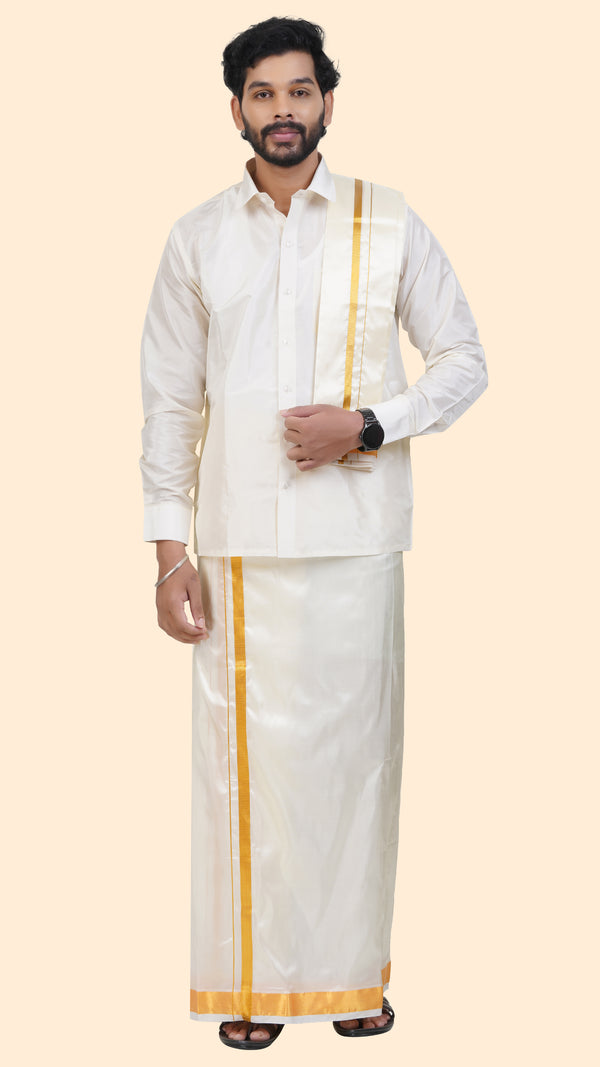 Art Silk Special Cream Dhoti with Angavastram | Double Layer | 1 1/2" Gold Jari Border