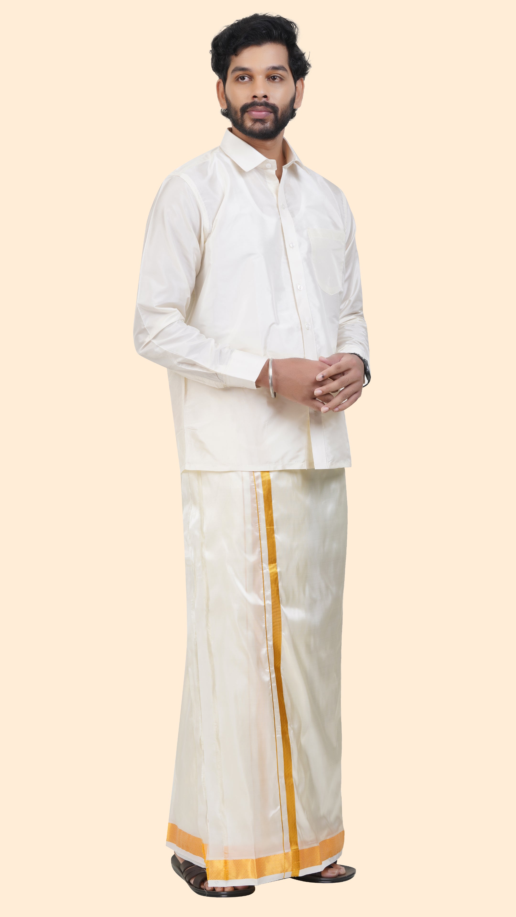 Art Silk Cream Dhoti | Double Layer | 1 1/2" Gold Jari Border