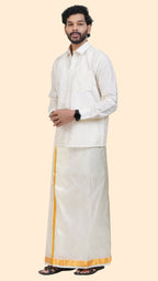 Art Silk Cream Dhoti | Double Layer | 1 1/2" Gold Jari Border