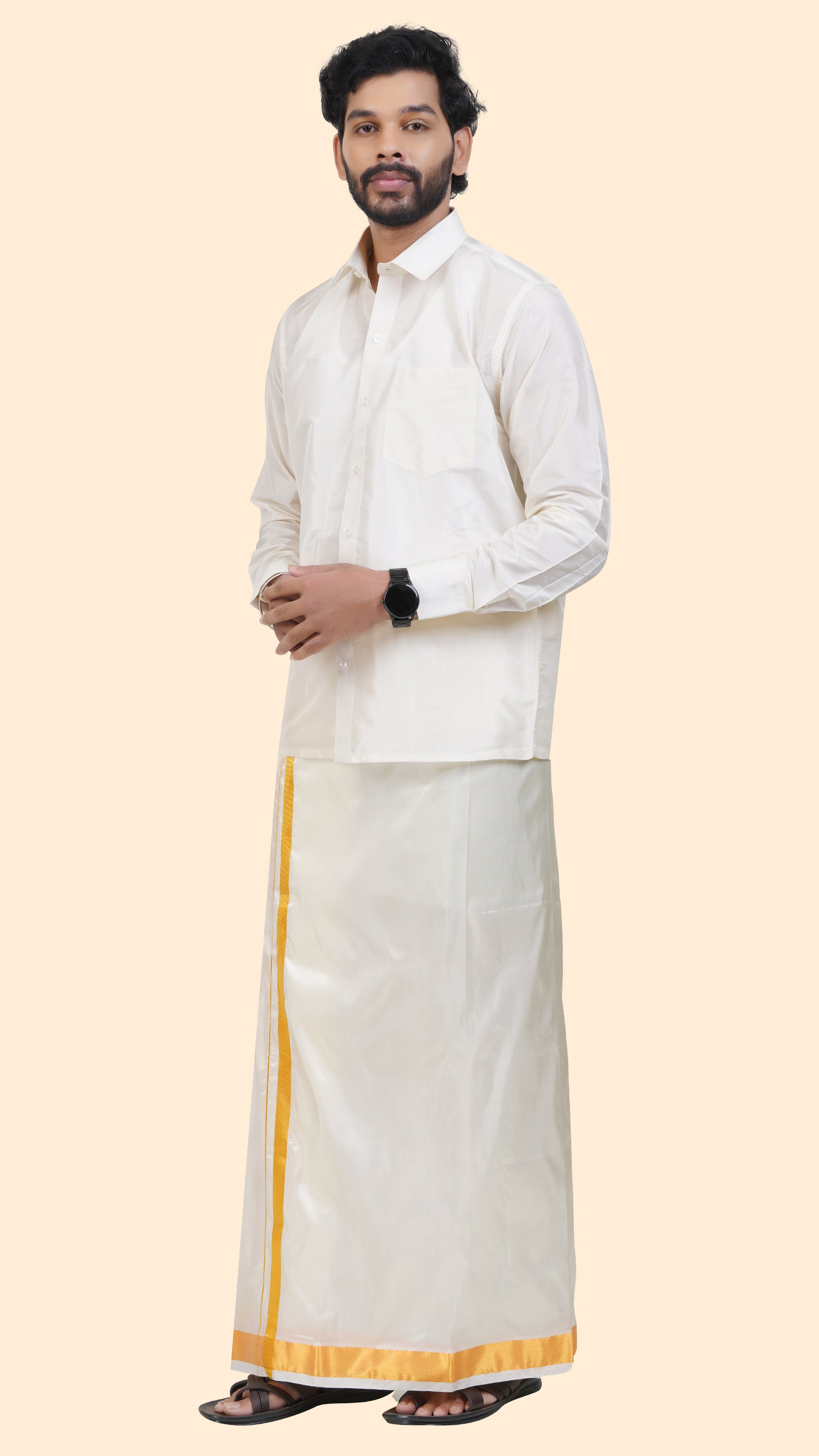 Art Silk Cream Dhoti | Double Layer | 1 1/2" Gold Jari Border