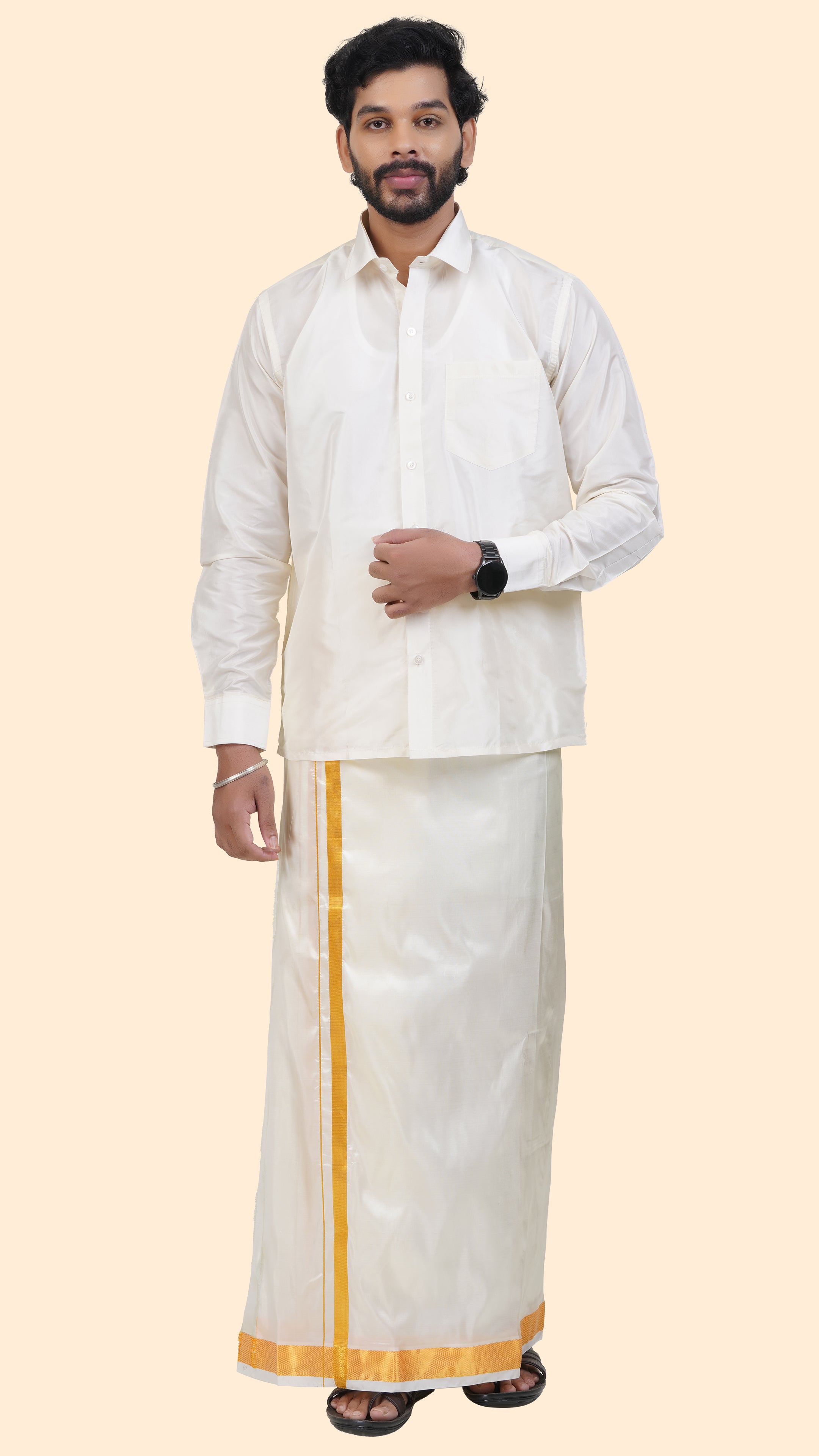 Art Silk Cream Dhoti | Double Layer | 1 1/2" Gold Jari Border