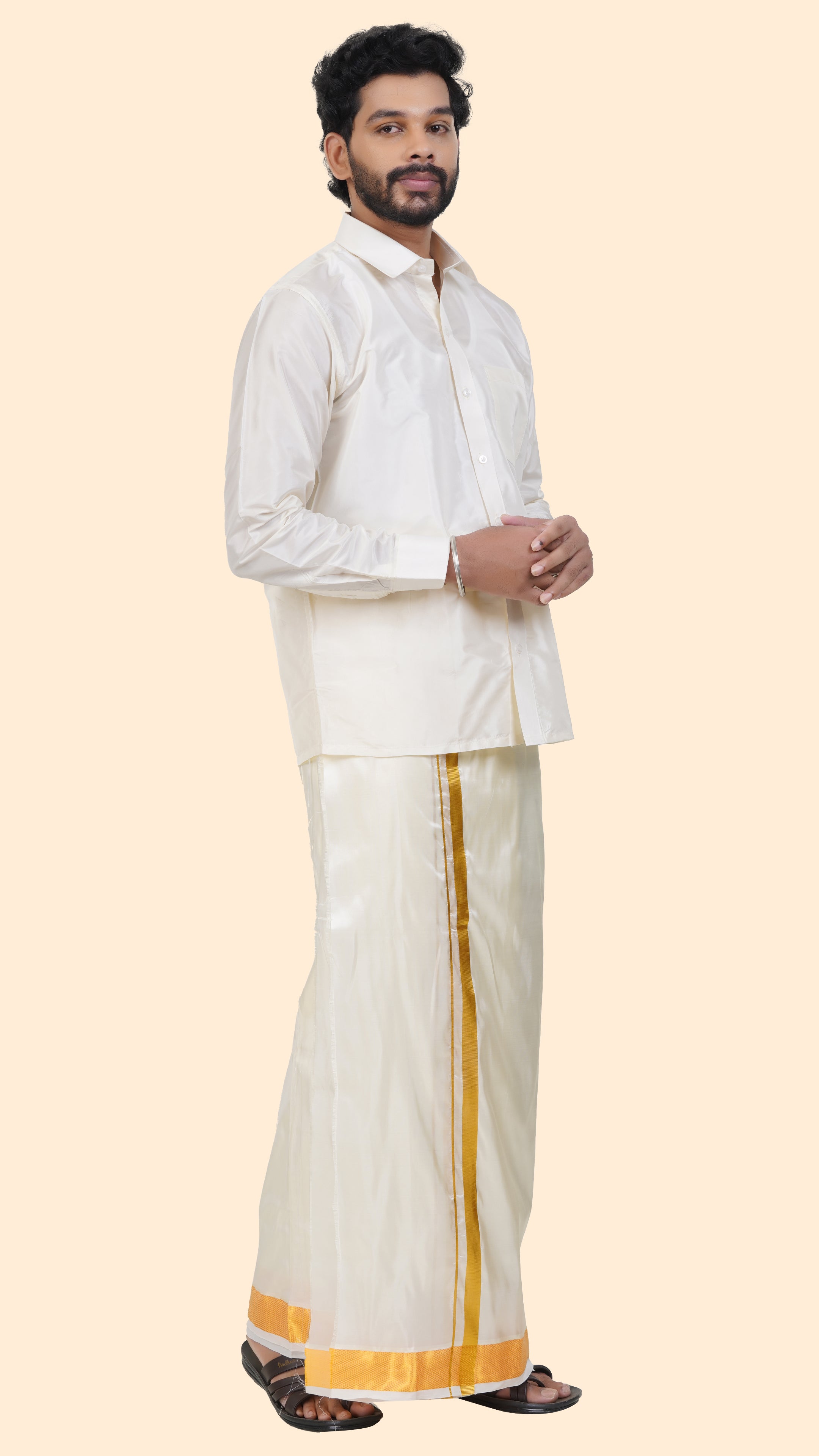 Art Silk Cream Dhoti | Double Layer | 2" Gold Jari Border