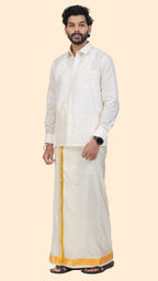 Art Silk Cream Dhoti | Double Layer | 2" Gold Jari Border