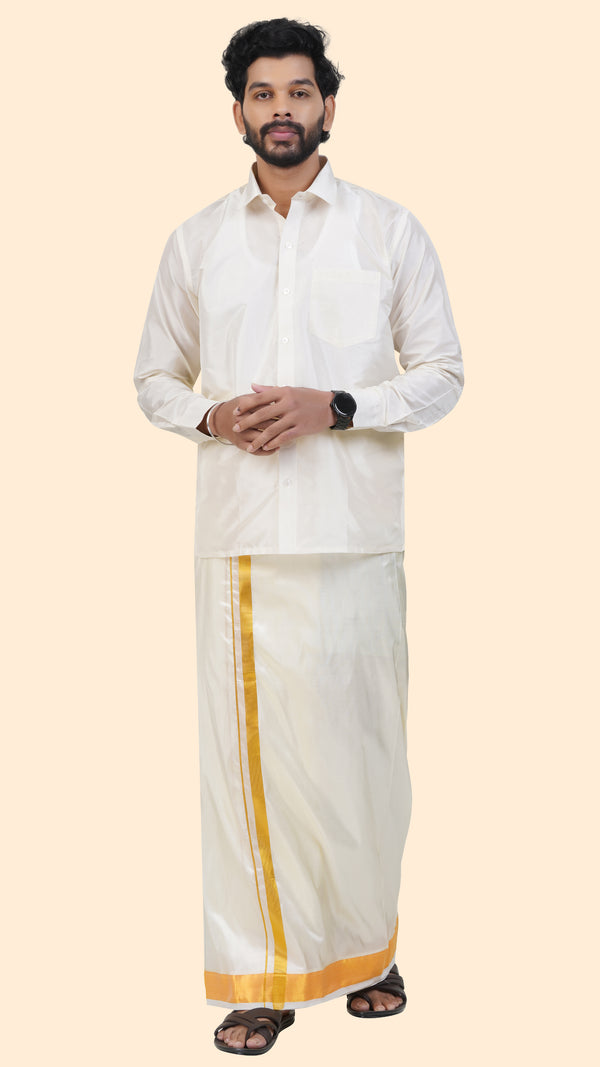 Art Silk Special Cream Velcro Dhoti | Double Layer | 2" Gold Jari Border
