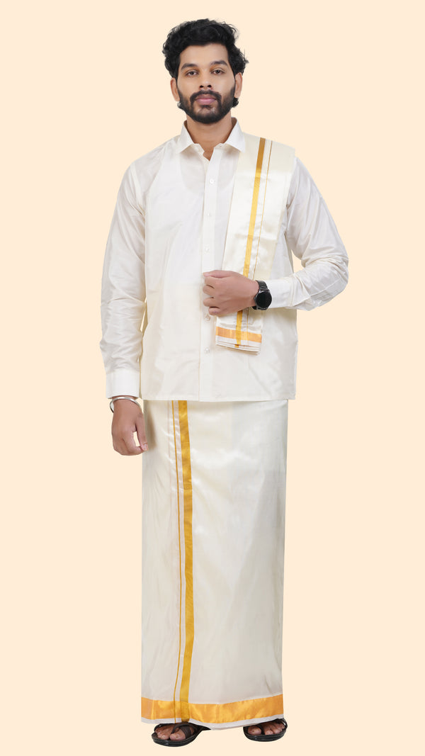 Art Silk Special Cream Dhoti with Angavastram | Double Layer | 2" Gold Jari Border