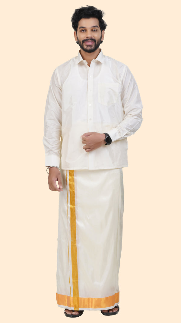 Art Silk Cream Velcro Dhoti | Double Layer | 2 1/2" Gold Jari Border