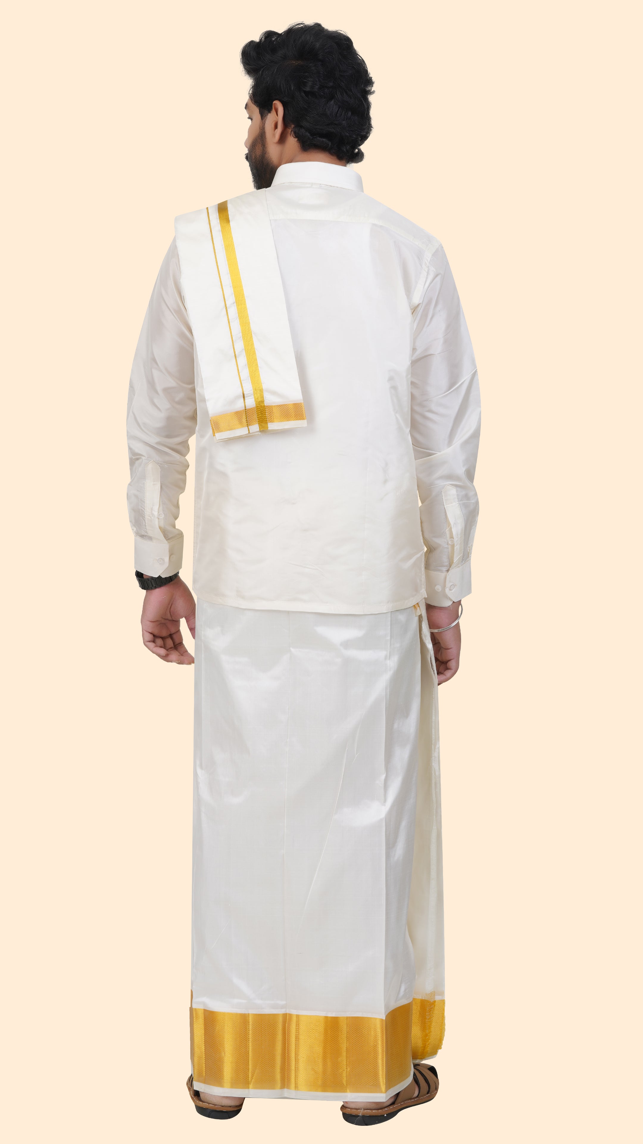 Pure Silk Cream Dhoti with Angavastram | Double Layer | 4 1/2" Gold Jari Border