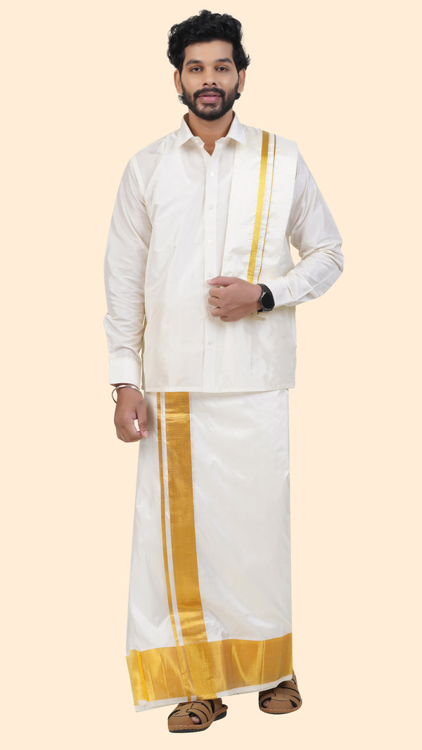 Pure Silk Cream Dhoti with Angavastram | Double Layer | 5" Gold Jari Border