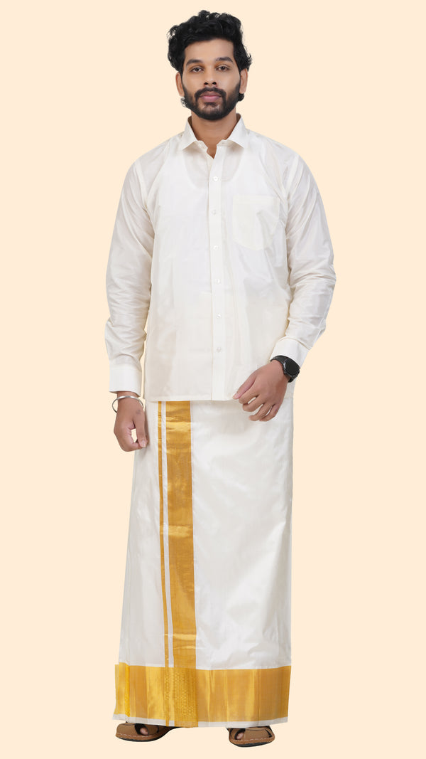 Pure Silk Cream Velcro Dhoti | Double Layer | 5" Gold Jari Border