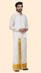 Pure Silk Cream Dhoti | Double Layer | 4 1/2" Gold Jari Border