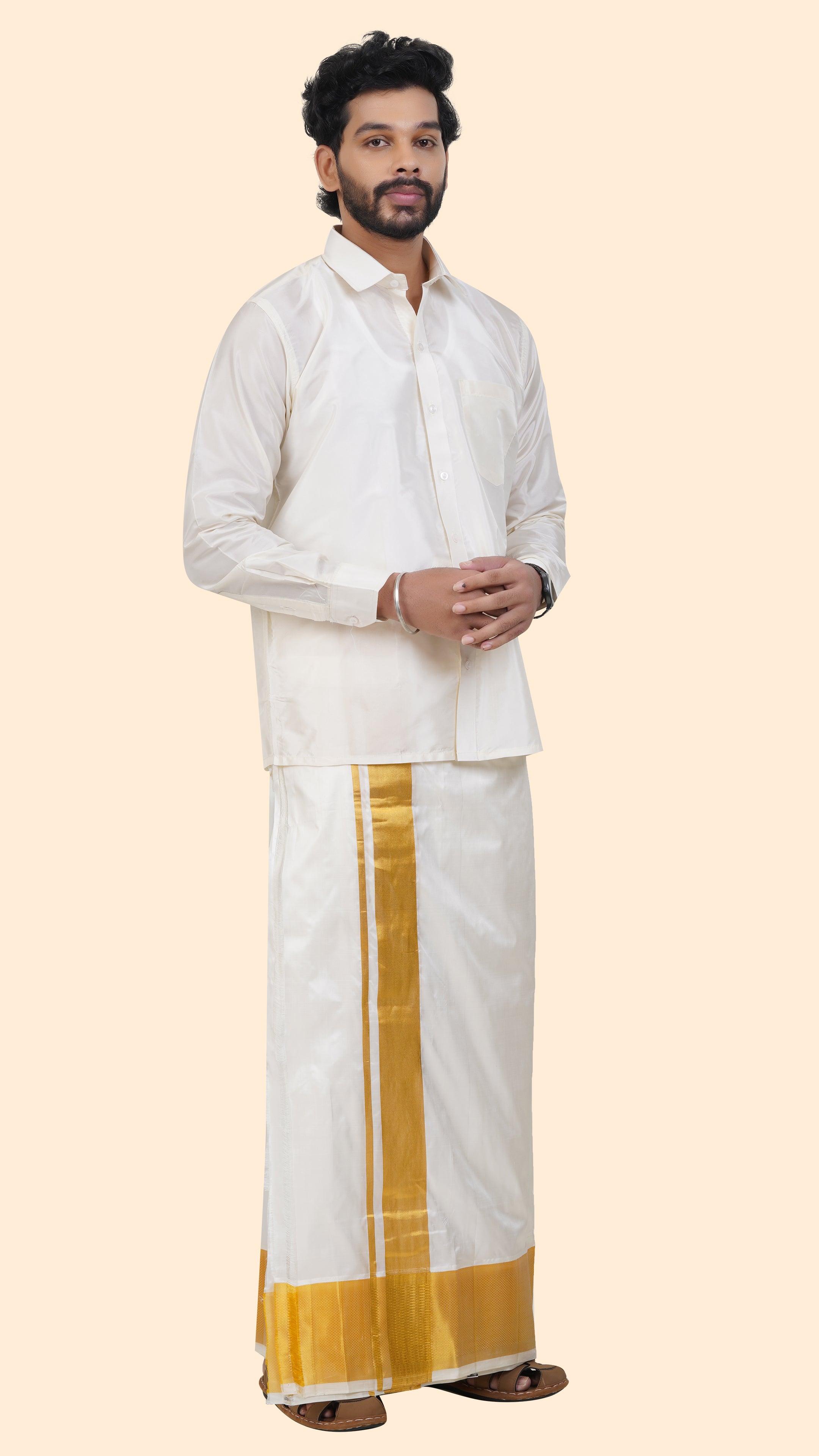Pure Silk Cream Dhoti | Double Layer | 4 1/2" Gold Jari Border