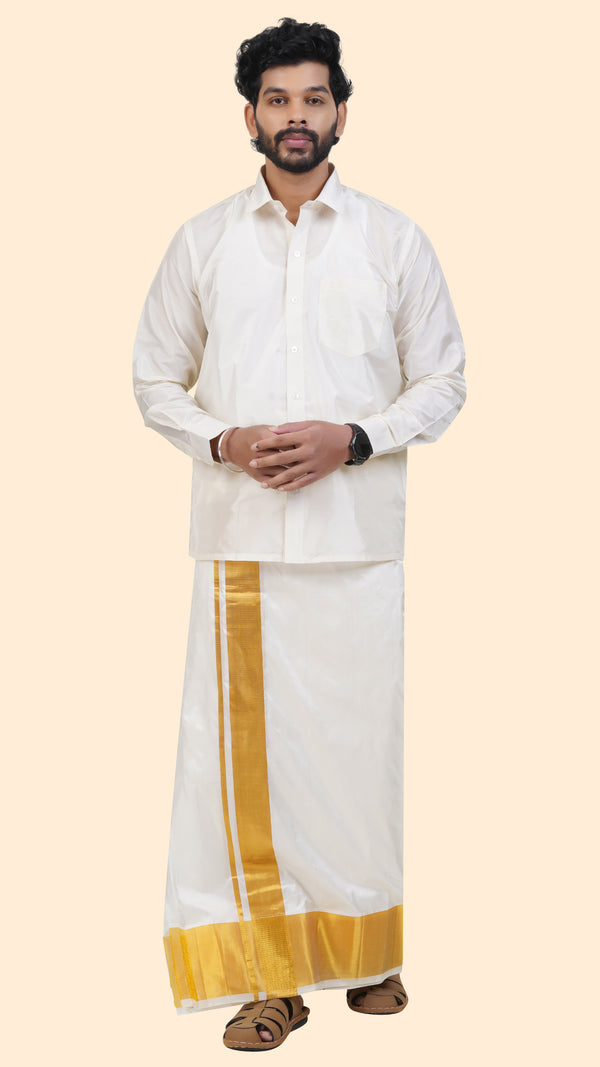 Pure Silk Cream Velcro Dhoti | Double Layer | 4 1/2" Gold Jari Border