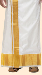 Pure Silk Cream Dhoti | Double Layer | 4 1/2" Gold Jari Border