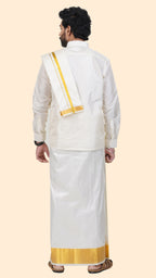 Pure Silk Cream Dhoti with Angavastram | Double Layer | 4" Gold Jari Border